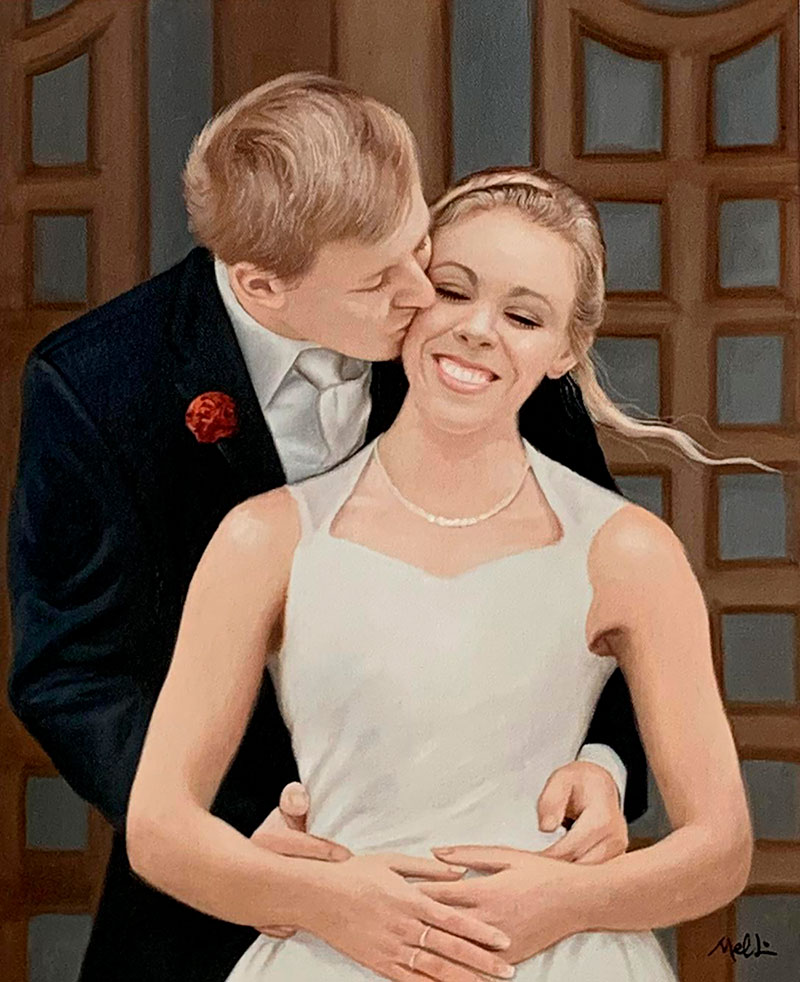 Beautiful acrylic painting of a bride and a groom
