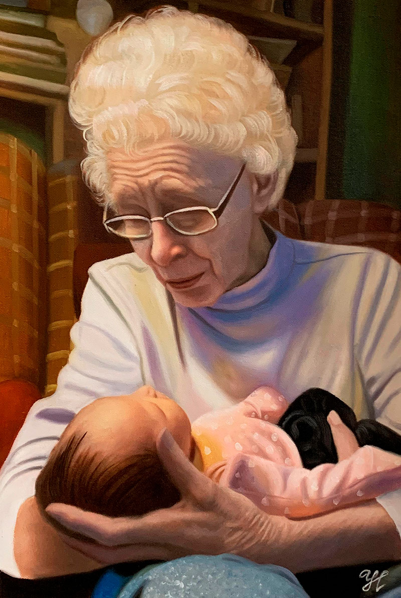 Beautiful oil painting of a grandmother and a grand kid