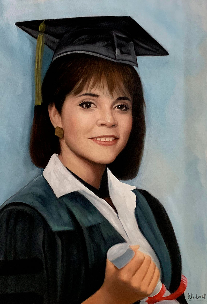 Personalized oil portrait of an adult in a graduation gown
