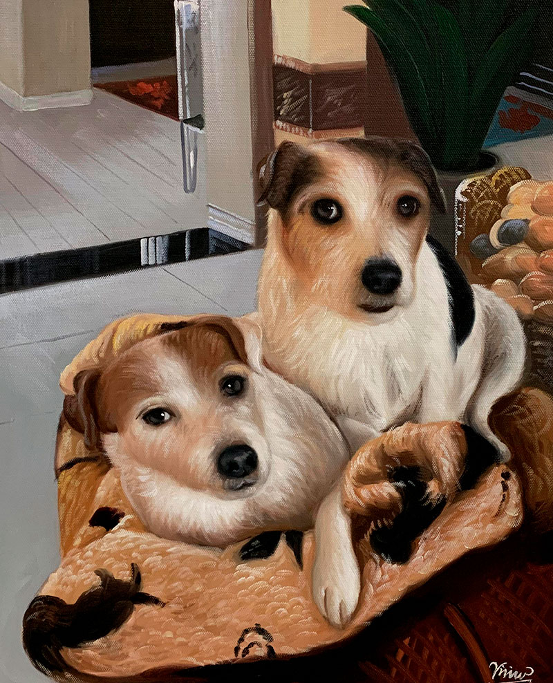 Painting of two Jack Russell Terriers cuddling on a tan cushion.