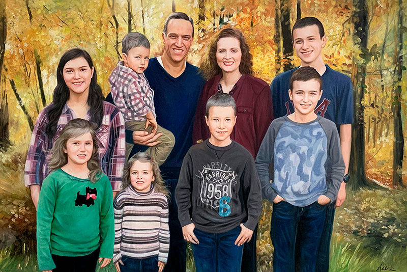 Beautiful oil family portrait of nine people
