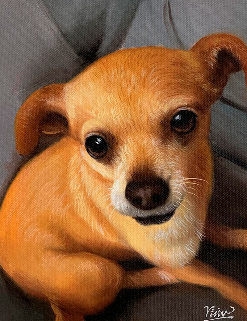Painting of a light brown chihuahua sitting on a gray surface.