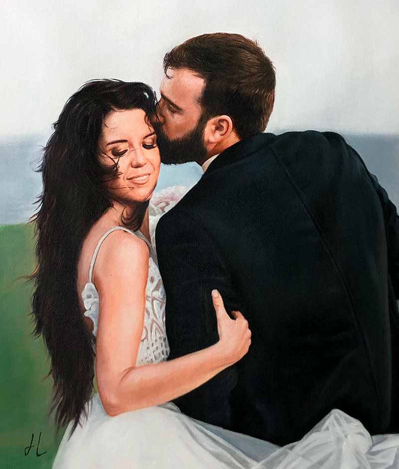 Beautiful oil painting of a bride and a groom