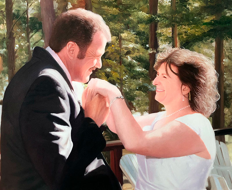 Gorgeous oil painting of a just married couple