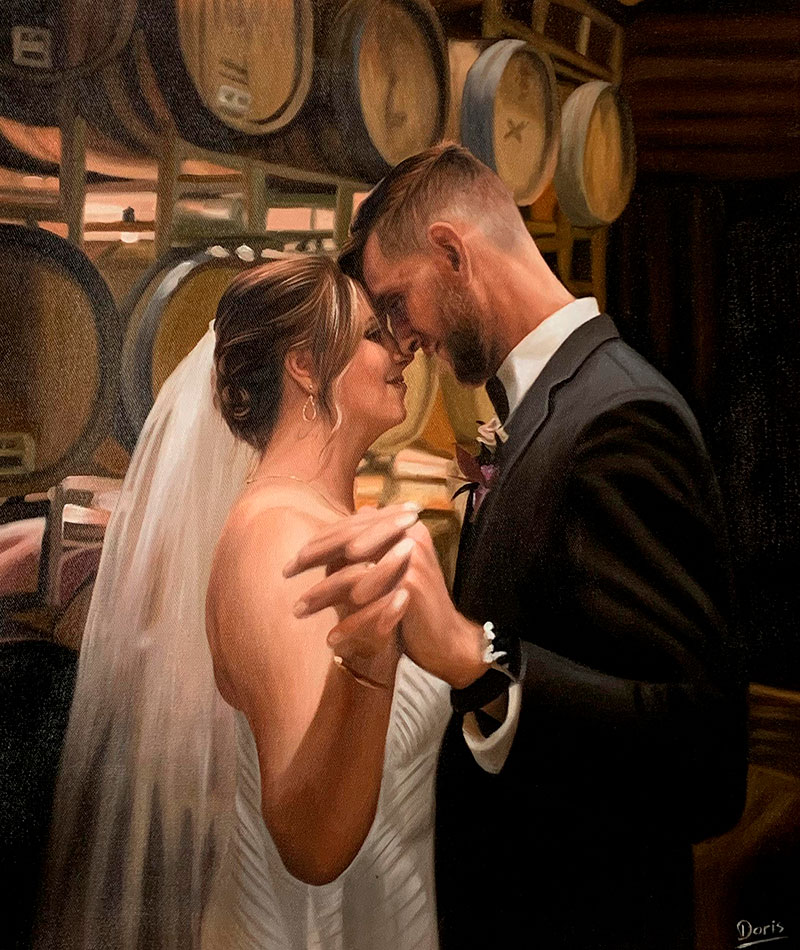 Beautiful oil artwork of a bride and a groom
