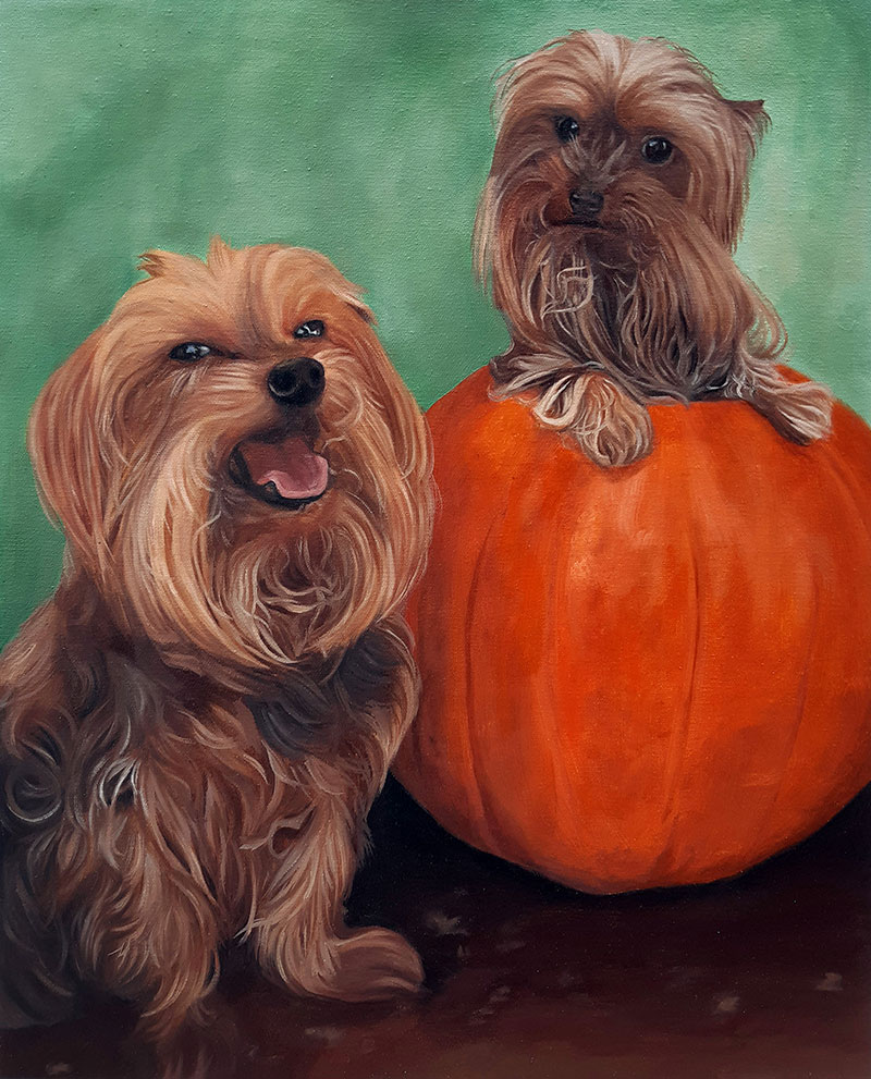personalized hand made painting of the two dogs with pumpkin