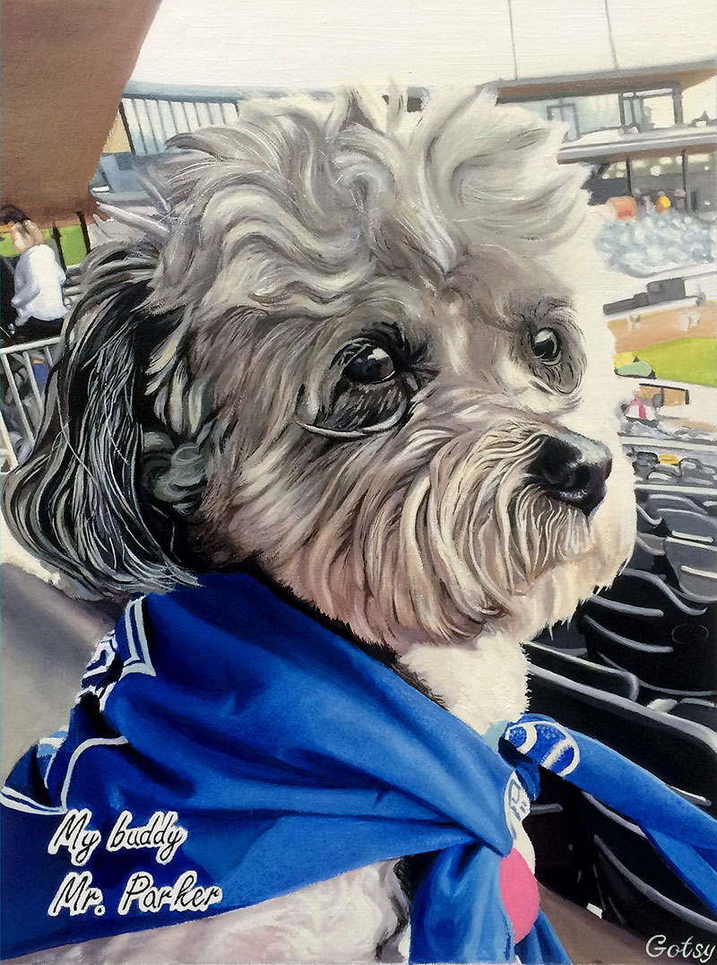 Painting of a fluffy gray dog wearing a blue bandana in a stadium.
