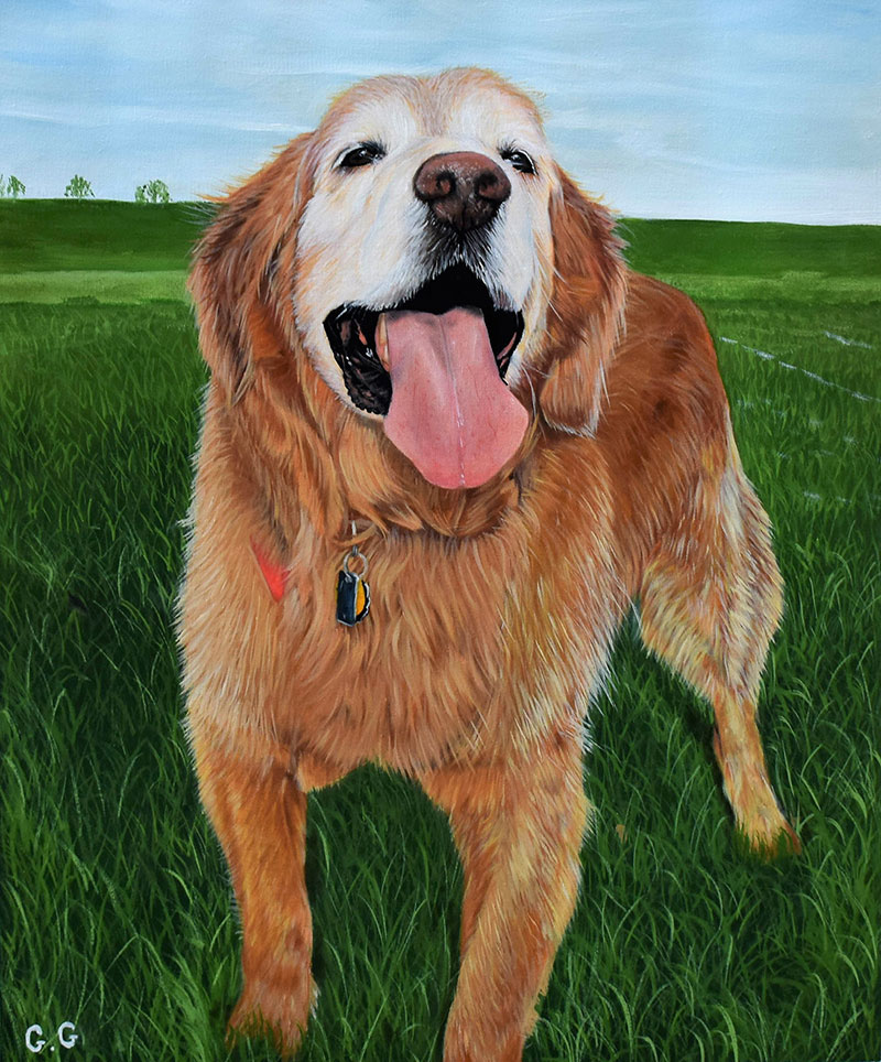handmade oil painting of a happy dog in the field