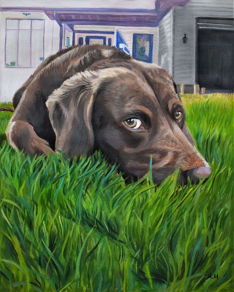 Oil painting of a dog laying on the grass