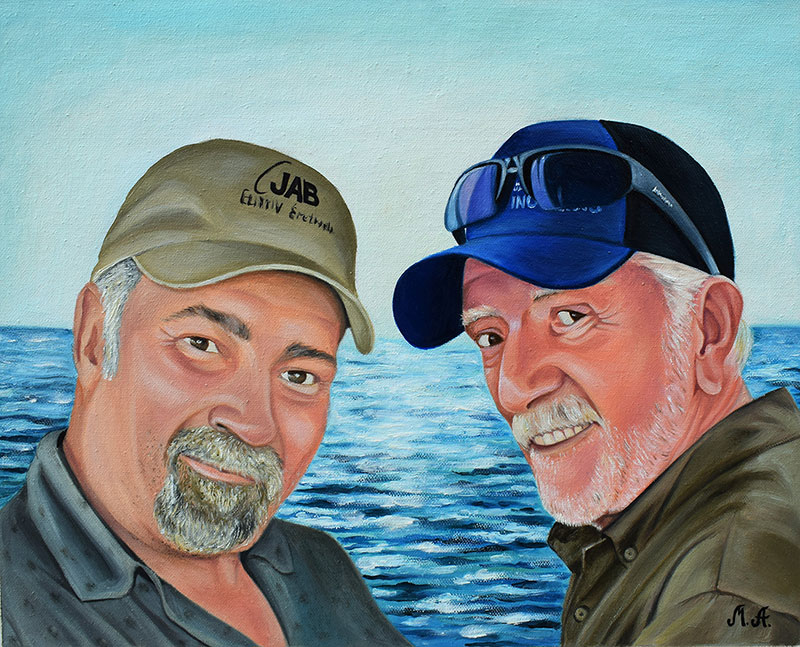 Oil painting of two man by the sea