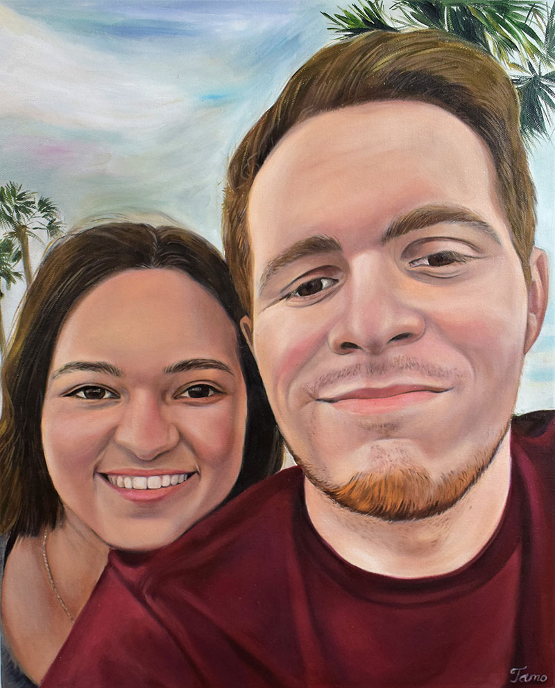 personalized oil painting of a couple on a vacation