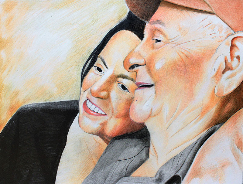 Color pencil drawing of the elderly couple
