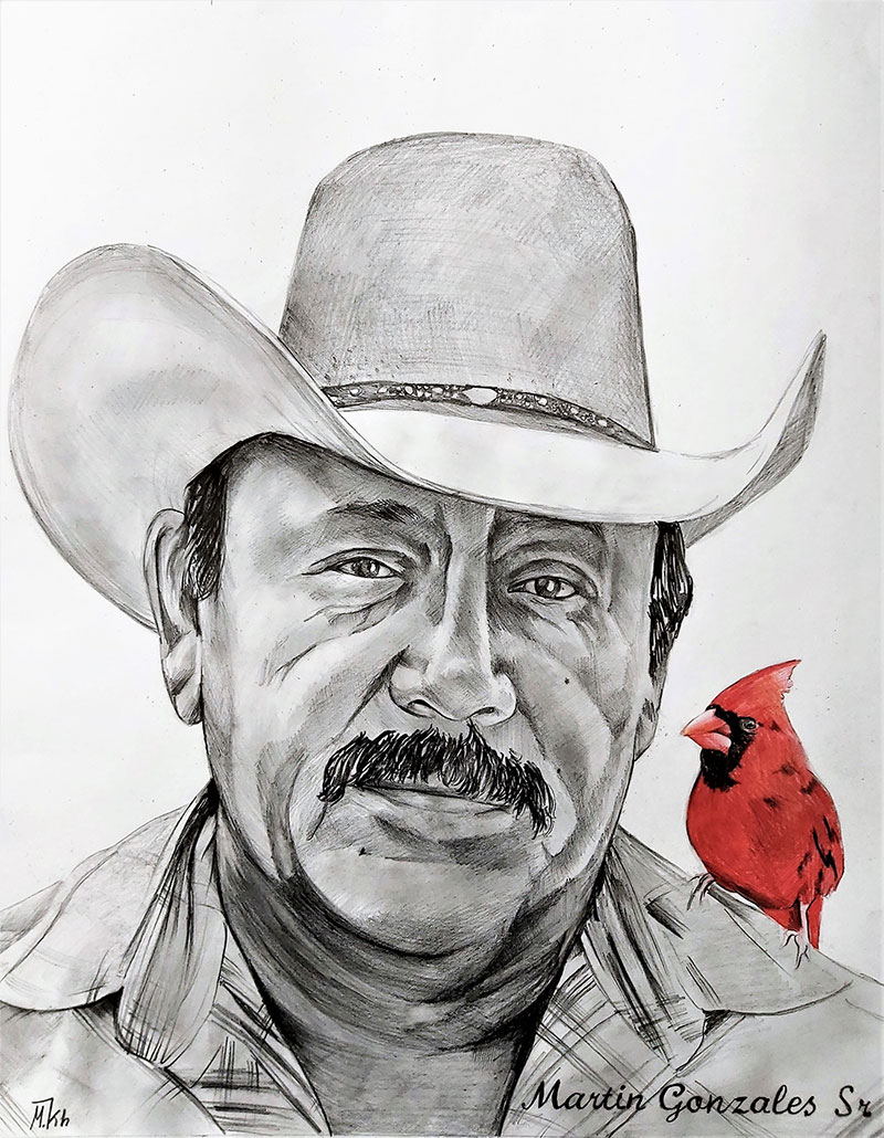 Custom color pencil drawing of a man with a parrot