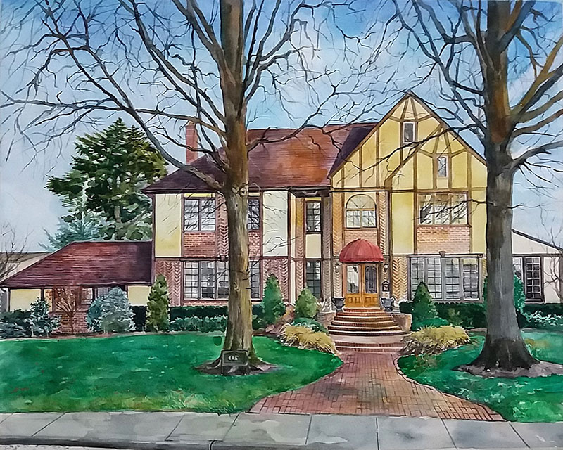 Colorful watercolor drawing of a house