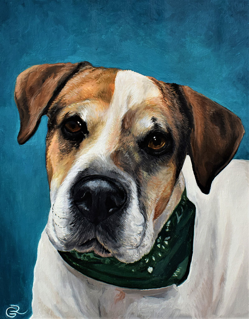 Oil painting of a dog with green bandana 