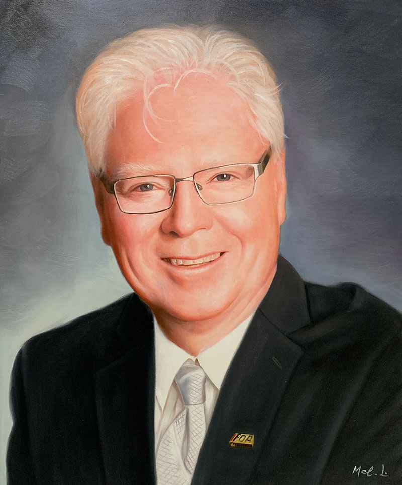 Close up oil painting of a man with glasses