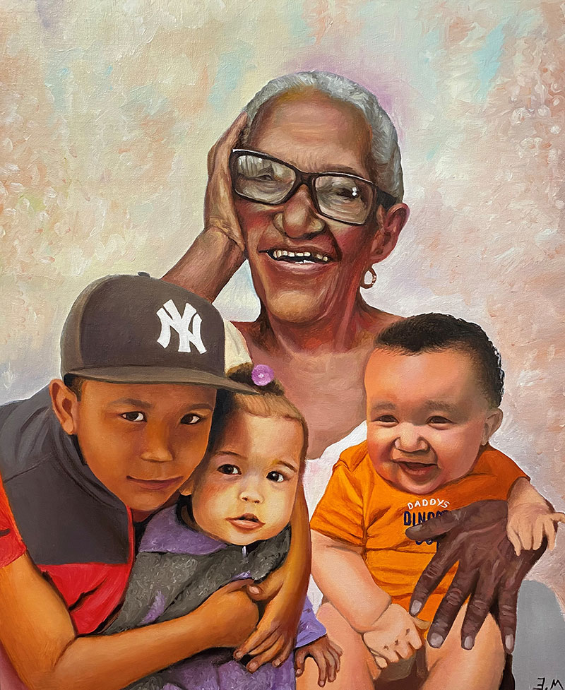 Custom oil painting of a grandmother with three kids
