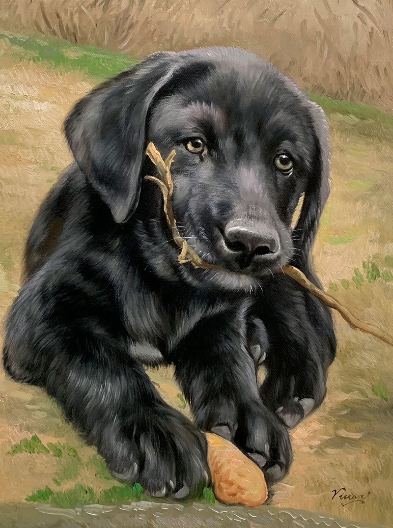 Close up oil painting of a black puppy