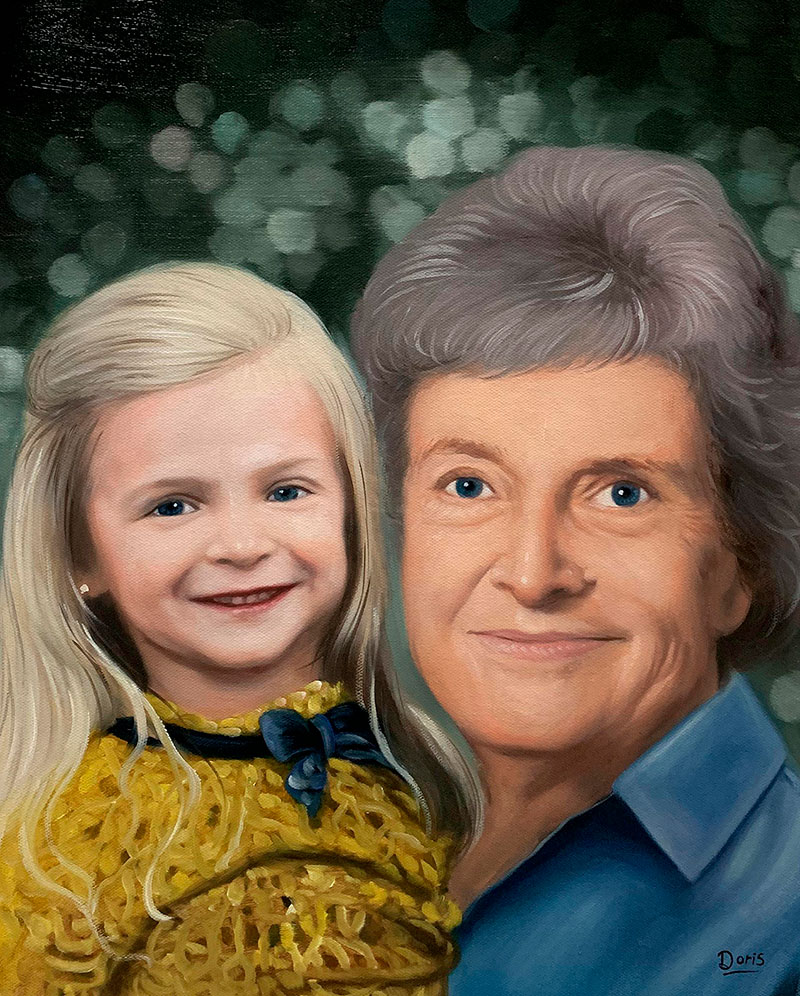 Beautiful oil painting of a grandmother and a granddaughter