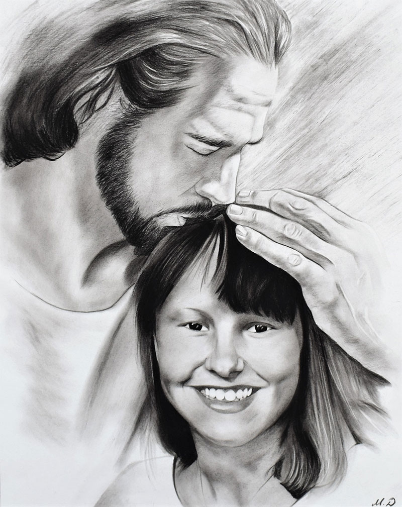 Beautiful charcoal painting of a happy couple