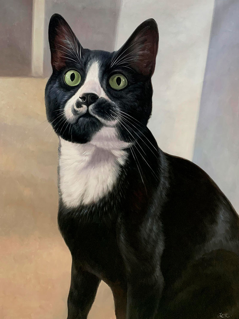 Custom hand drawn oil painting of a cat with the green eyes