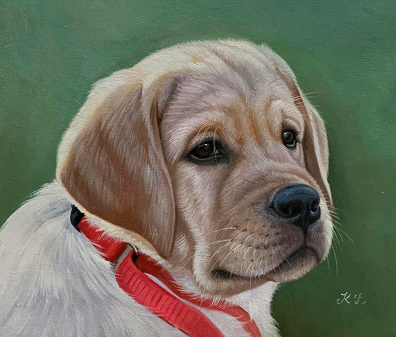Close up hand drawn oil painting of a dog