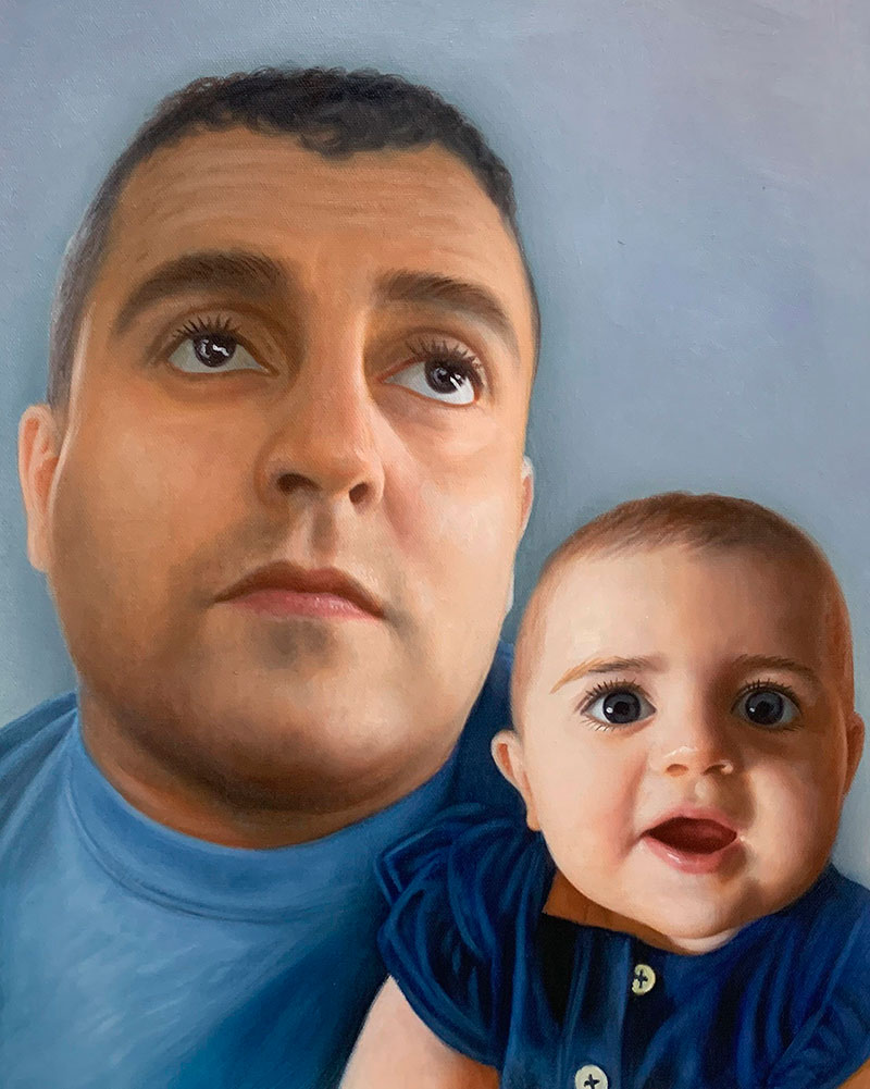 Close up oil painting of a man with a baby