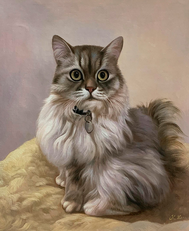 Beautiful oil painting of a cat with a solid background