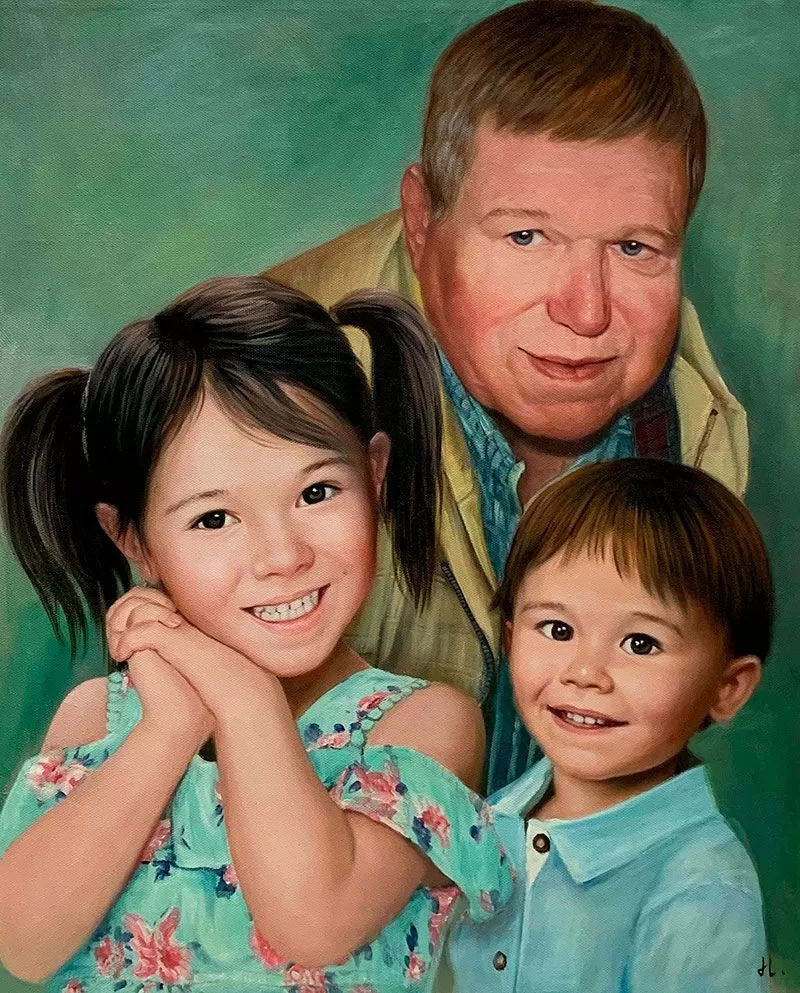 Personalized oil artwork of a father with two kids