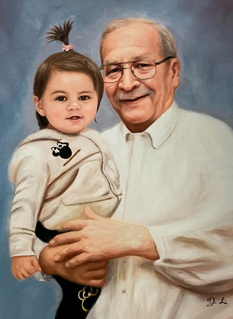 Beautiful oil painting of a grandfather and a granddaughter