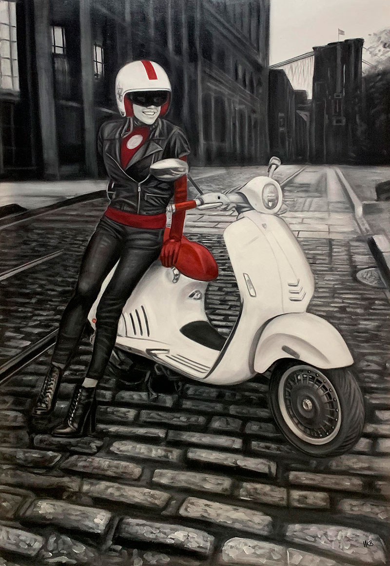 Personalized oil painting of a woman with a motorbike