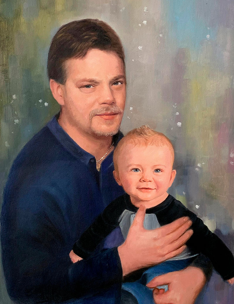 Oil painting of a father holding his baby son