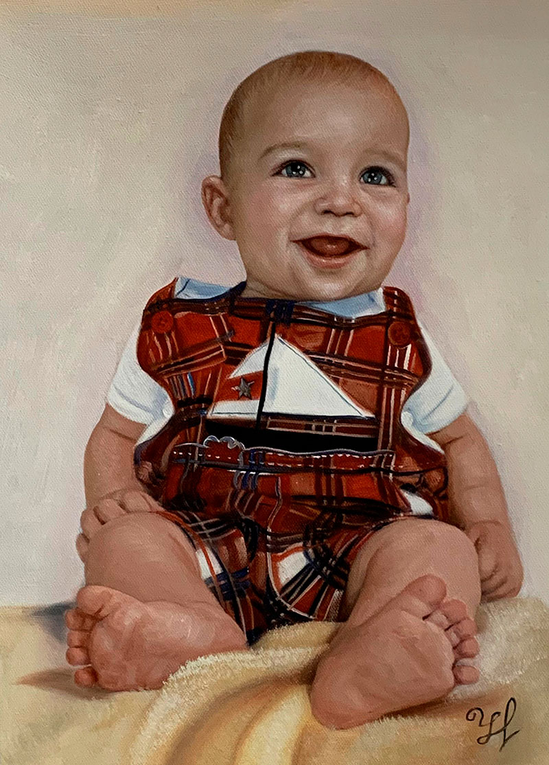 Painting of a smiling baby in a red plaid outfit