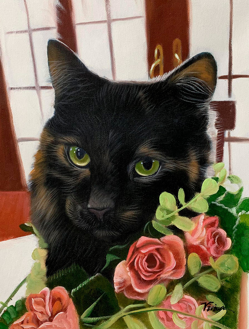 Custom close up oil painting of a cat with roses