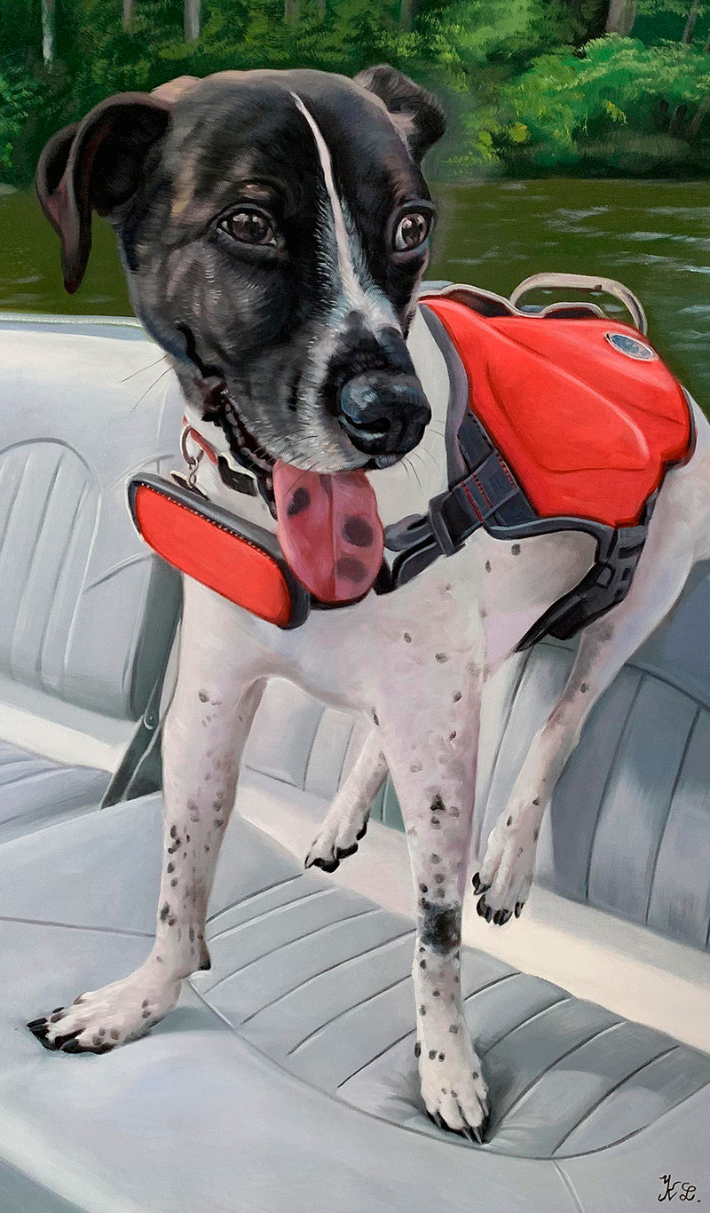 Beautiful oil painting of a dog in the boat 