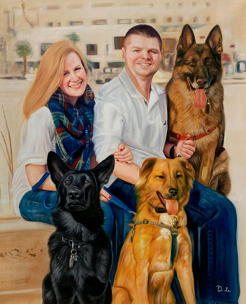 Beautiful oil painting of a couple with three dogs