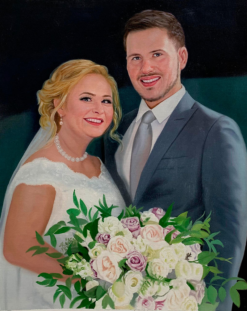 Gorgeous oil painting of a just married couple