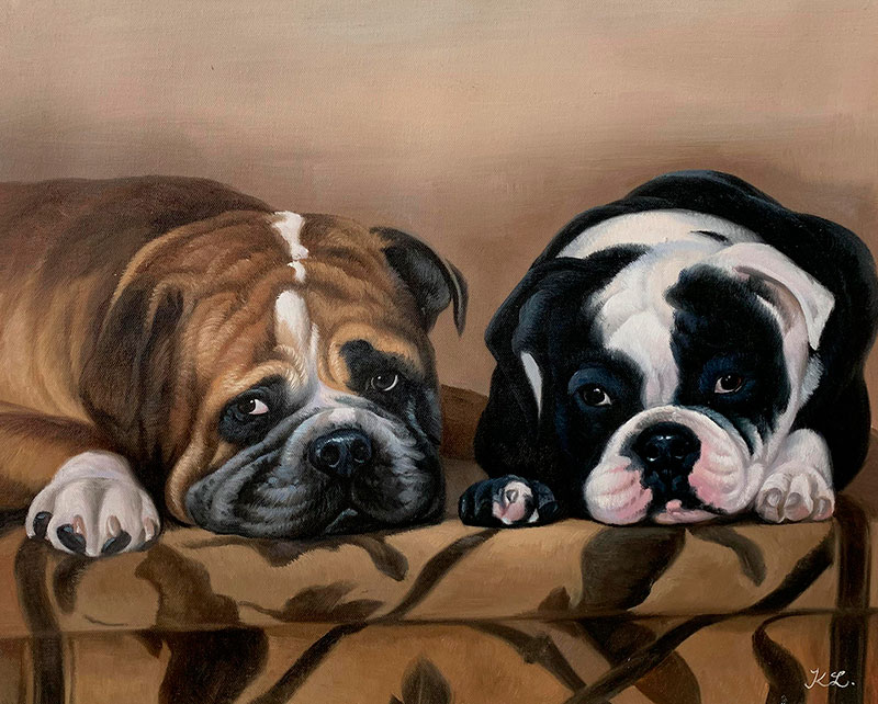 Painting of two bulldogs lying on a patterned surface.