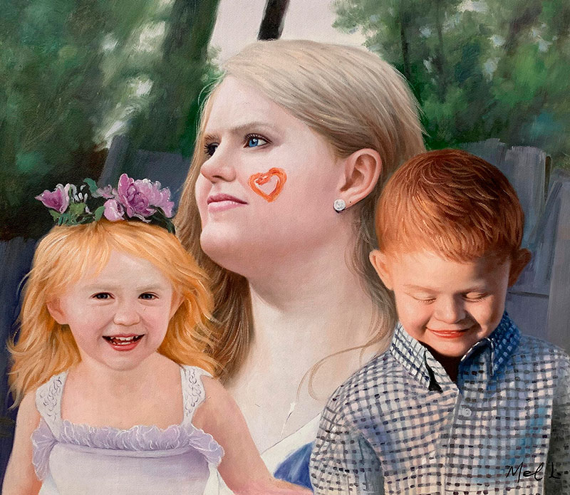 Painting of a woman and two young children.