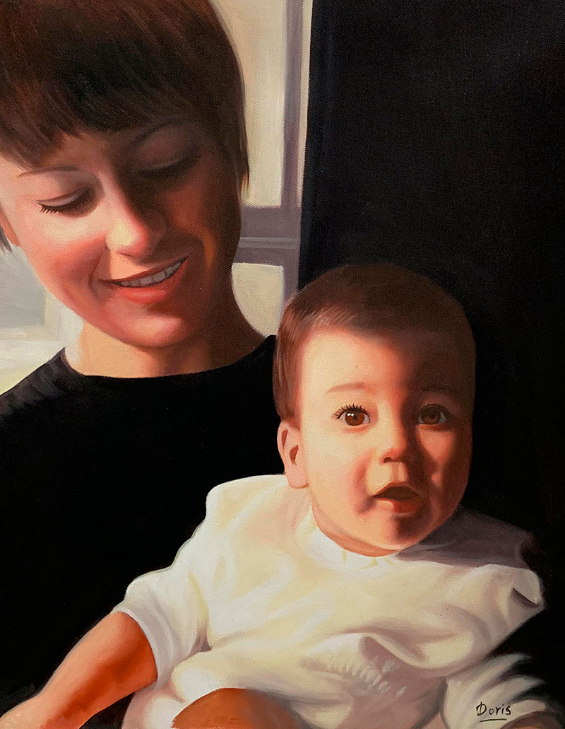 Beautiful hand drawn oil painting of a mother and a son
