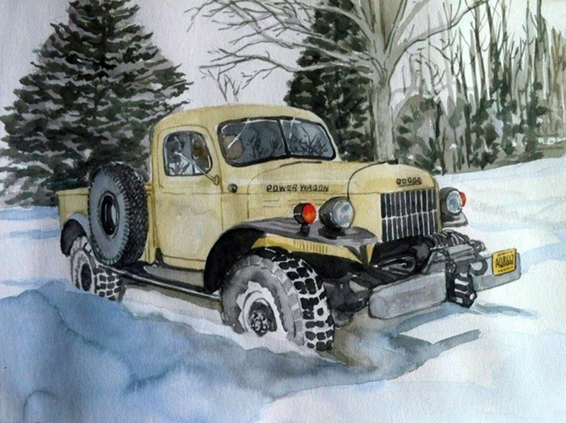 custom watercolor painting of a yellow snow tractor 