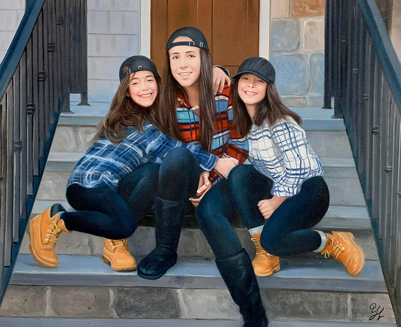 Painted portrait of three sisters sitting on steps, wearing baseball caps and plaid shirts.