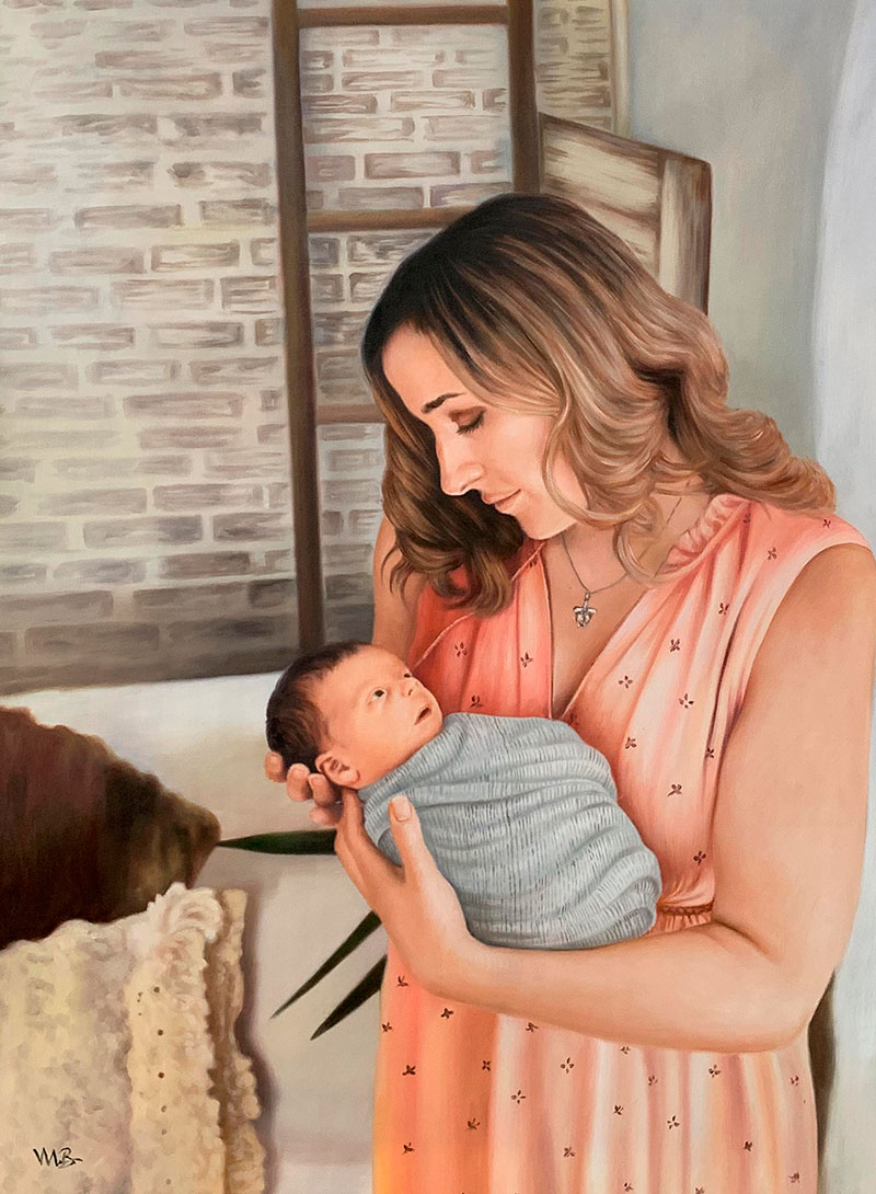 Gorgeous oil painting of a mother holding a baby
