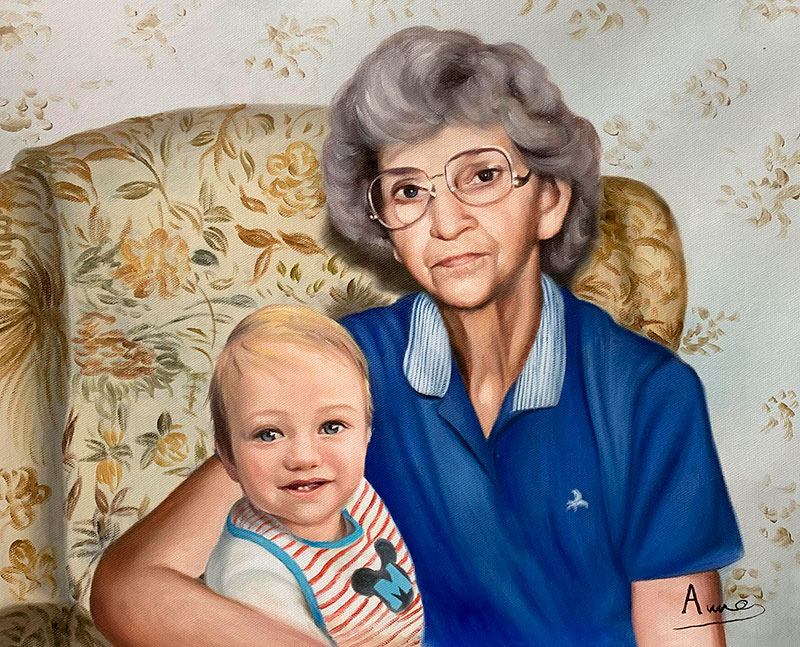 Beautiful oil painting of a grandmother with a grandson