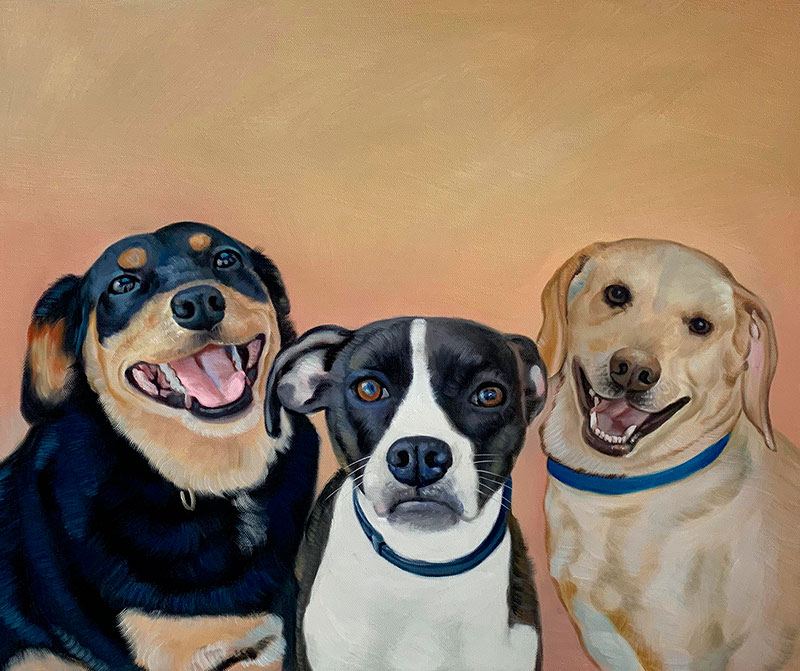 Beautiful oil painting of the three dogs