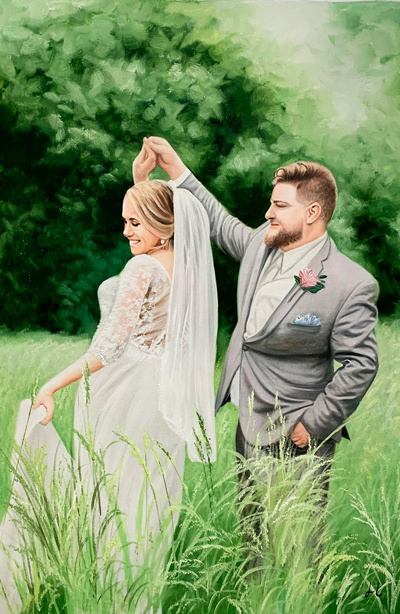 Stunning acrylic painting of a just married couple
