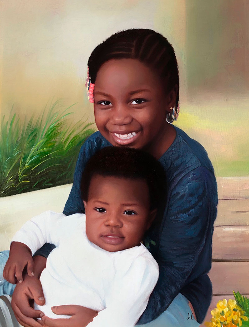 Beautiful oil painting of siblings