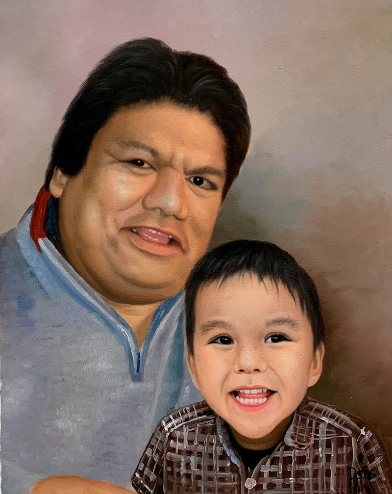 Beautiful oil painting of a man and a boy
