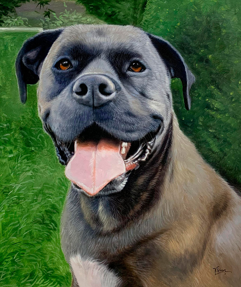 Close up oil painting of a black dog