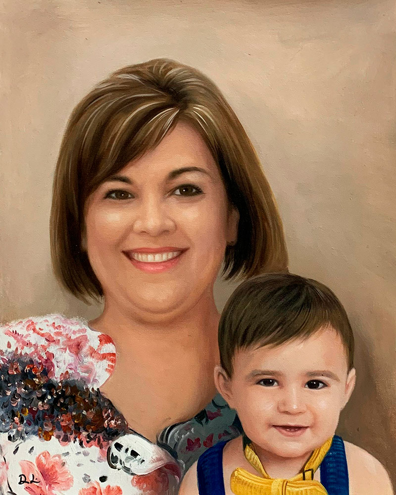 Personalized oil painting of a mother and a son